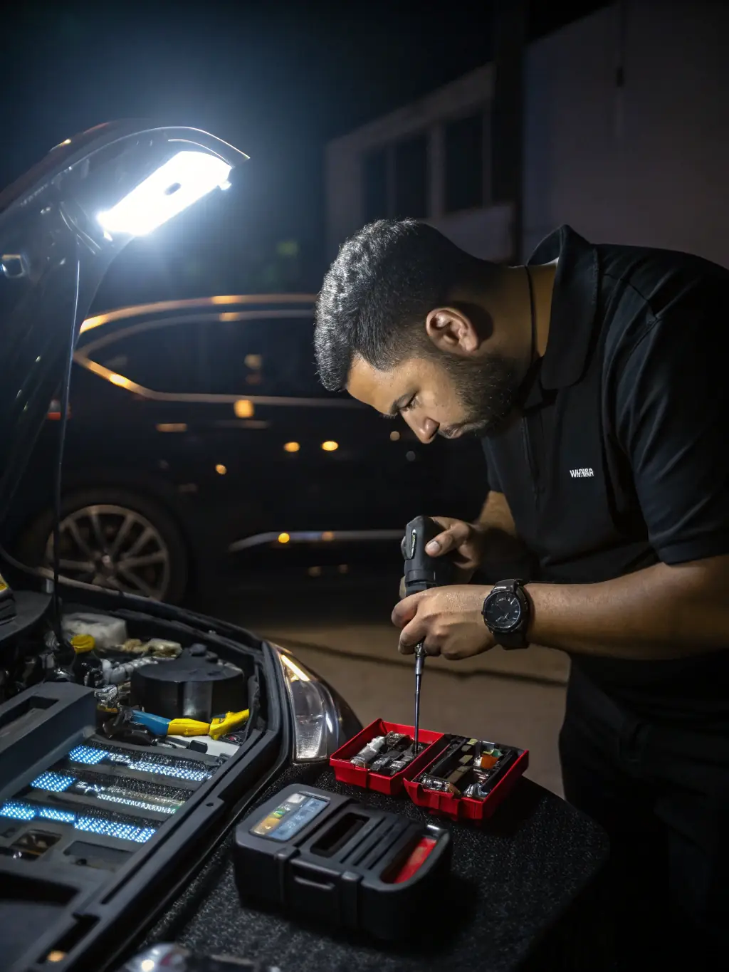 A close-up photo of a car key technician using a tablet to follow a step-by-step guide, with car dashboard electronics visible in the background, emphasizing hands-on technical work.